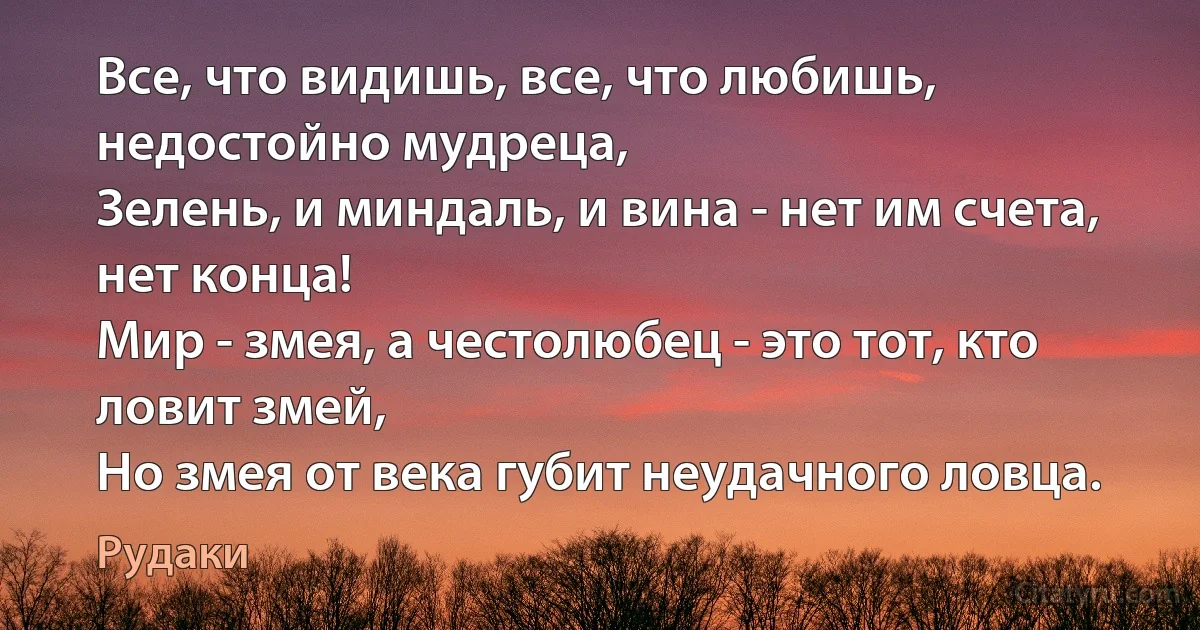 Все, что видишь, все, что любишь, недостойно мудреца,
Зелень, и миндаль, и вина - нет им счета, нет конца!
Мир - змея, а честолюбец - это тот, кто ловит змей,
Но змея от века губит неудачного ловца. (Рудаки)