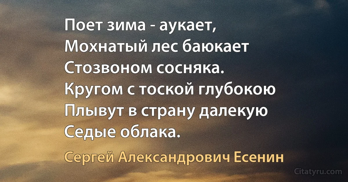 Поет зима - аукает,
Мохнатый лес баюкает
Стозвоном сосняка.
Кругом с тоской глубокою
Плывут в страну далекую
Седые облака. (Сергей Александрович Есенин)