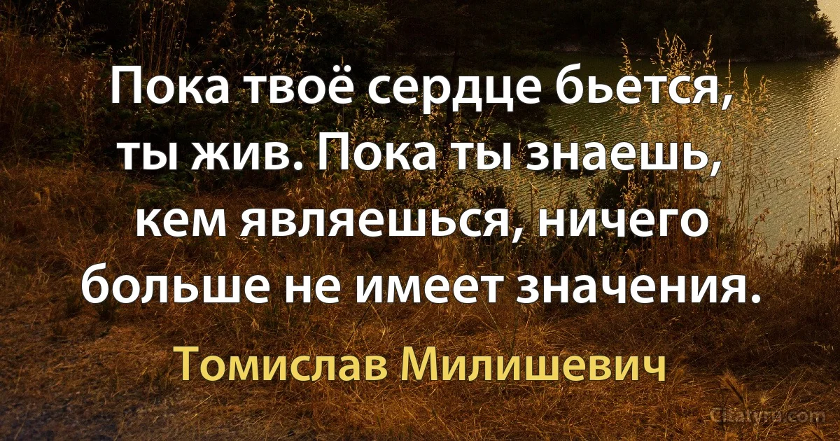 Пока твоё сердце бьется, ты жив. Пока ты знаешь, кем являешься, ничего больше не имеет значения. (Томислав Милишевич)