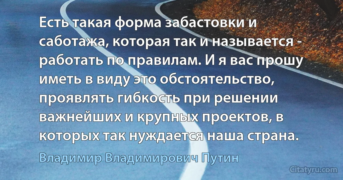 Есть такая форма забастовки и саботажа, которая так и называется - работать по правилам. И я вас прошу иметь в виду это обстоятельство, проявлять гибкость при решении важнейших и крупных проектов, в которых так нуждается наша страна. (Владимир Владимирович Путин)