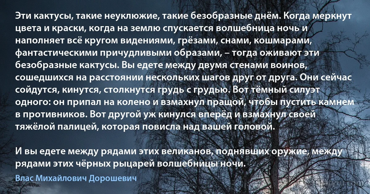 Эти кактусы, такие неуклюжие, такие безобразные днём. Когда меркнут цвета и краски, когда на землю спускается волшебница ночь и наполняет всё кругом видениями, грёзами, снами, кошмарами, фантастическими причудливыми образами, – тогда оживают эти безобразные кактусы. Вы едете между двумя стенами воинов, сошедшихся на расстоянии нескольких шагов друг от друга. Они сейчас сойдутся, кинутся, столкнутся грудь с грудью. Вот тёмный силуэт одного: он припал на колено и взмахнул пращой, чтобы пустить камнем в противников. Вот другой уж кинулся вперёд и взмахнул своей тяжёлой палицей, которая повисла над вашей головой.

И вы едете между рядами этих великанов, поднявших оружие, между рядами этих чёрных рыцарей волшебницы ночи. (Влас Михайлович Дорошевич)