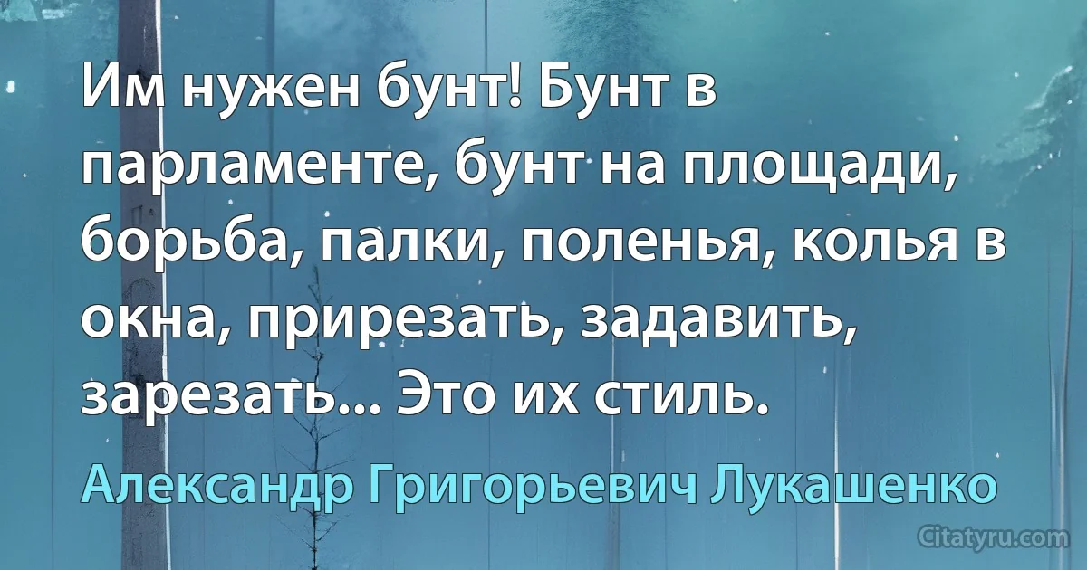 Им нужен бунт! Бунт в парламенте, бунт на площади, борьба, палки, поленья, колья в окна, прирезать, задавить, зарезать... Это их стиль. (Александр Григорьевич Лукашенко)