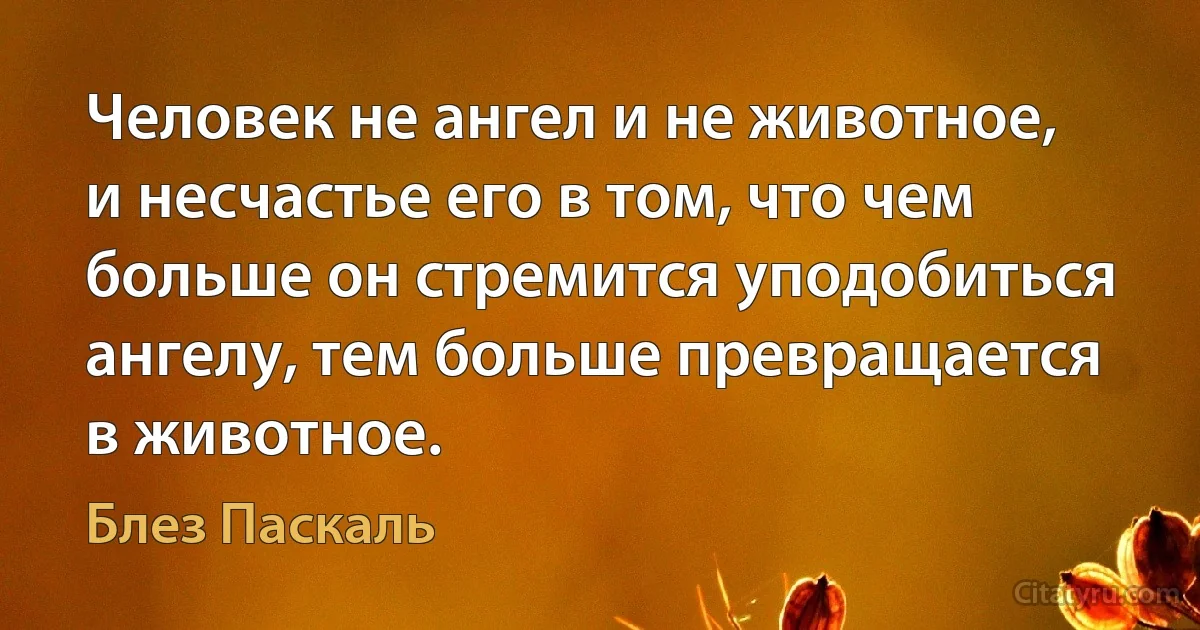 Человек не ангел и не животное, и несчастье его в том, что чем больше он стремится уподобиться ангелу, тем больше превращается в животное. (Блез Паскаль)