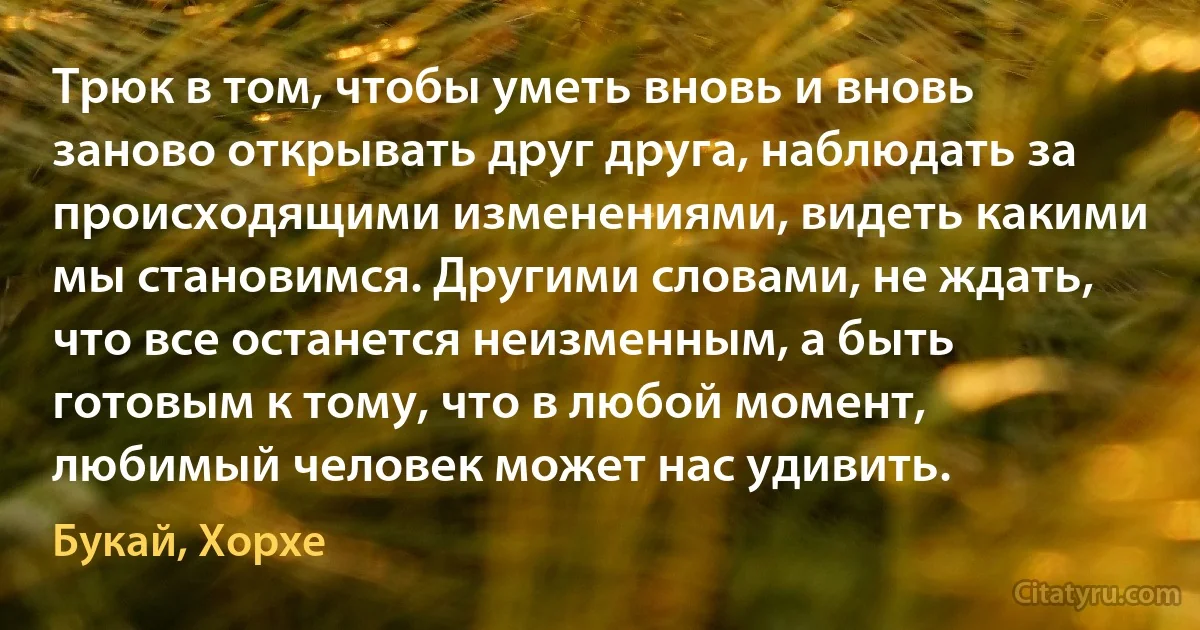 Трюк в том, чтобы уметь вновь и вновь заново открывать друг друга, наблюдать за происходящими изменениями, видеть какими мы становимся. Другими словами, не ждать, что все останется неизменным, а быть готовым к тому, что в любой момент, любимый человек может нас удивить. (Букай, Хорхе)