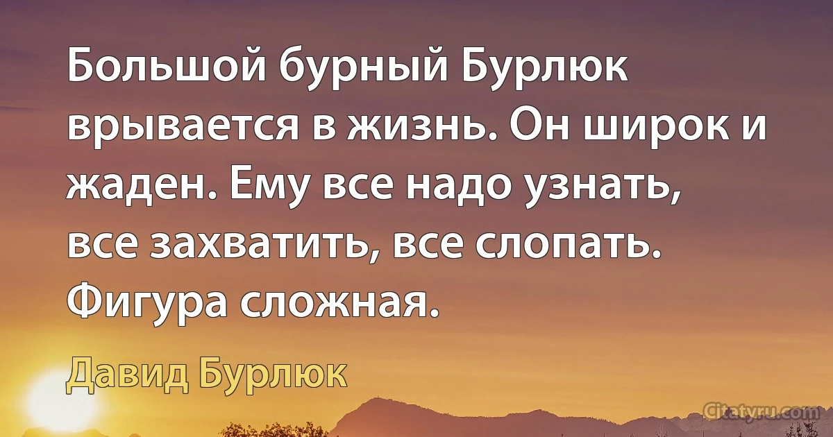 Большой бурный Бурлюк врывается в жизнь. Он широк и жаден. Ему все надо узнать, все захватить, все слопать. Фигура сложная. (Давид Бурлюк)