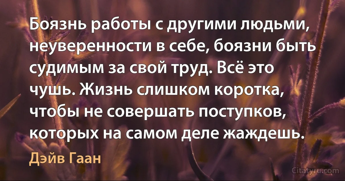 Боязнь работы с другими людьми, неуверенности в себе, боязни быть судимым за свой труд. Всё это чушь. Жизнь слишком коротка, чтобы не совершать поступков, которых на самом деле жаждешь. (Дэйв Гаан)