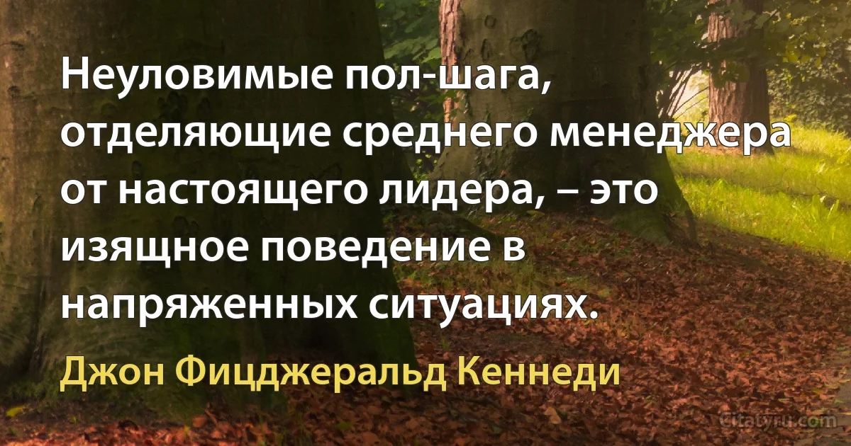 Неуловимые пол-шага, отделяющие среднего менеджера от настоящего лидера, – это изящное поведение в напряженных ситуациях. (Джон Фицджеральд Кеннеди)