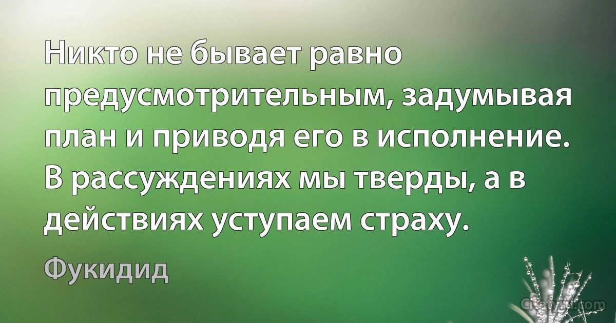 Никто не бывает равно предусмотрительным, задумывая план и приводя его в исполнение. В рассуждениях мы тверды, а в действиях уступаем страху. (Фукидид)