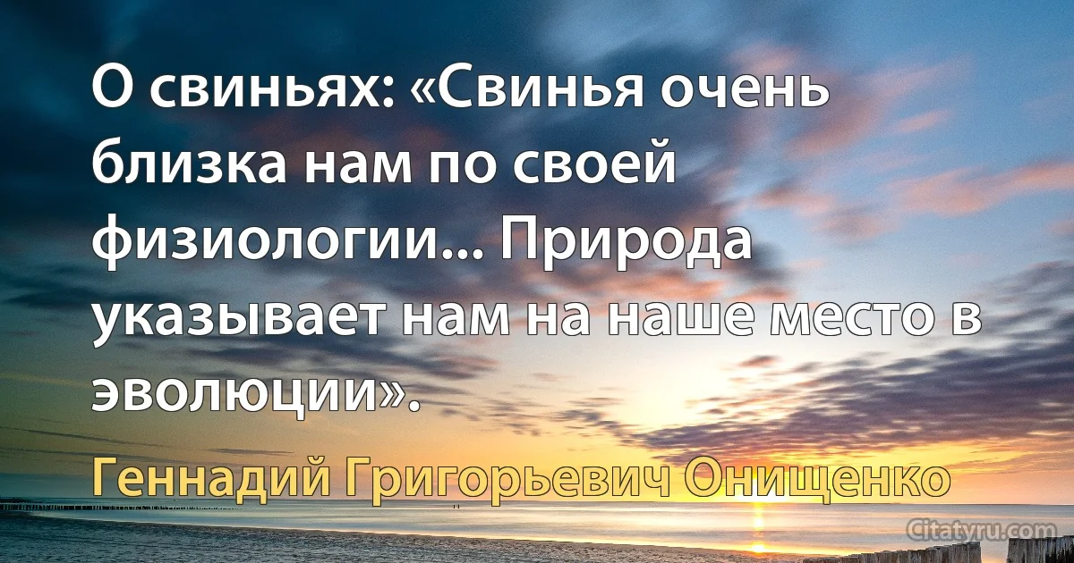 О свиньях: «Свинья очень близка нам по своей физиологии... Природа указывает нам на наше место в эволюции». (Геннадий Григорьевич Онищенко)