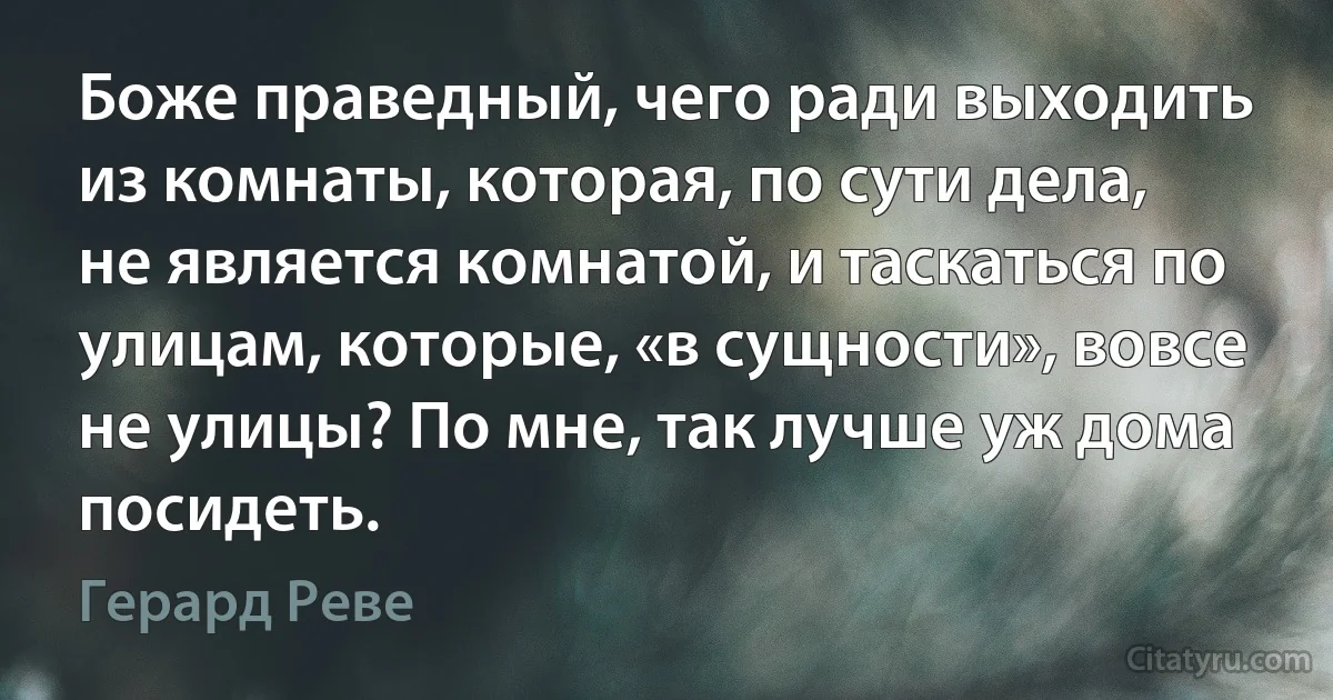 Боже праведный, чего ради выходить из комнаты, которая, по сути дела, не является комнатой, и таскаться по улицам, которые, «в сущности», вовсе не улицы? По мне, так лучше уж дома посидеть. (Герард Реве)