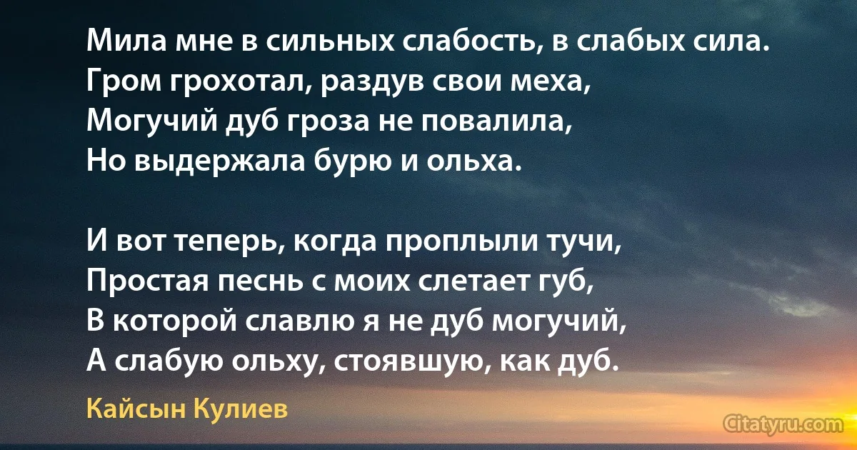 Мила мне в сильных слабость, в слабых сила.
Гром грохотал, раздув свои меха,
Могучий дуб гроза не повалила,
Но выдержала бурю и ольха.

И вот теперь, когда проплыли тучи,
Простая песнь с моих слетает губ,
В которой славлю я не дуб могучий,
А слабую ольху, стоявшую, как дуб. (Кайсын Кулиев)