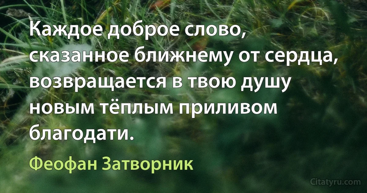 Каждое доброе слово, сказанное ближнему от сердца, возвращается в твою душу новым тёплым приливом благодати. (Феофан Затворник)