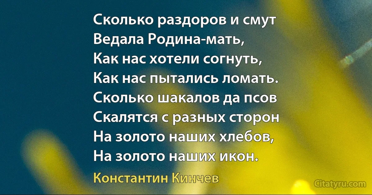 Сколько раздоров и смут
Ведала Родина-мать,
Как нас хотели согнуть,
Как нас пытались ломать.
Сколько шакалов да псов
Скалятся с разных сторон
На золото наших хлебов,
На золото наших икон. (Константин Кинчев)