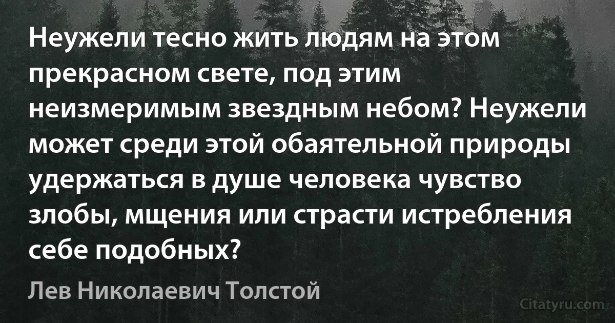 Неужели тесно жить людям на этом прекрасном свете, под этим неизмеримым звездным небом? Неужели может среди этой обаятельной природы удержаться в душе человека чувство злобы, мщения или страсти истребления себе подобных? (Лев Николаевич Толстой)