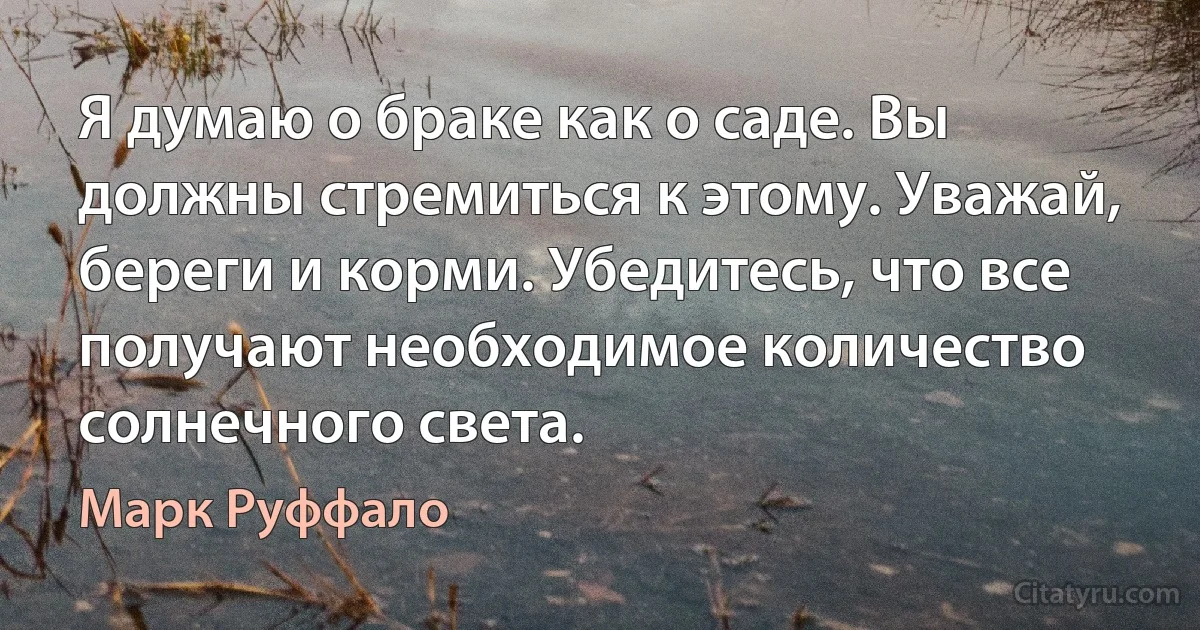 Я думаю о браке как о саде. Вы должны стремиться к этому. Уважай, береги и корми. Убедитесь, что все получают необходимое количество солнечного света. (Марк Руффало)