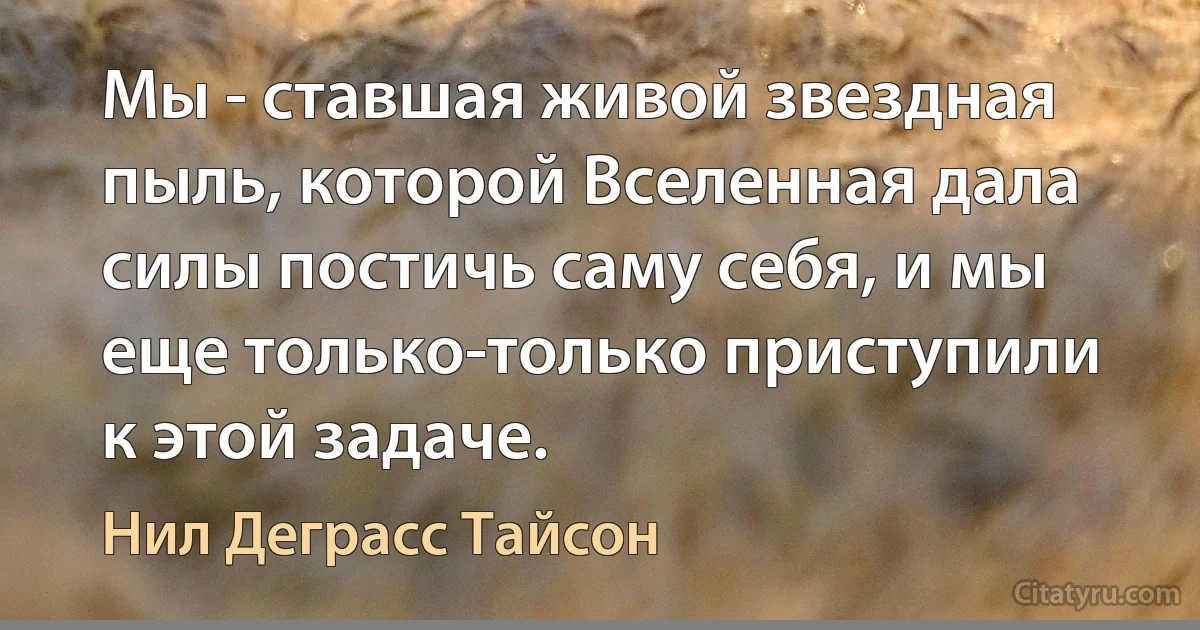 Мы - ставшая живой звездная пыль, которой Вселенная дала силы постичь саму себя, и мы еще только-только приступили к этой задаче. (Нил Деграсс Тайсон)