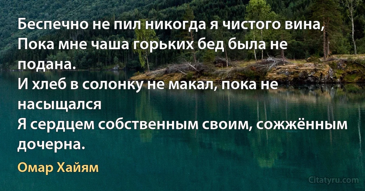 Беспечно не пил никогда я чистого вина,
Пока мне чаша горьких бед была не подана.
И хлеб в солонку не макал, пока не насыщался
Я сердцем собственным своим, сожжённым дочерна. (Омар Хайям)