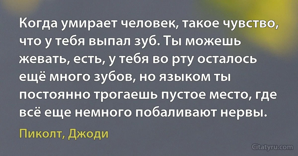 Когда умирает человек, такое чувство, что у тебя выпал зуб. Ты можешь жевать, есть, у тебя во рту осталось ещё много зубов, но языком ты постоянно трогаешь пустое место, где всё еще немного побаливают нервы. (Пиколт, Джоди)