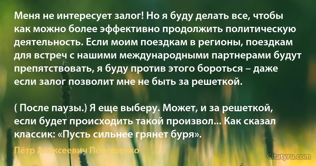 Меня не интересует залог! Но я буду делать все, чтобы как можно более эффективно продолжить политическую деятельность. Если моим поездкам в регионы, поездкам для встреч с нашими международными партнерами будут препятствовать, я буду против этого бороться – даже если залог позволит мне не быть за решеткой.

( После паузы.) Я еще выберу. Может, и за решеткой, если будет происходить такой произвол... Как сказал классик: «Пусть сильнее грянет буря». (Пётр Алексеевич Порошенко)