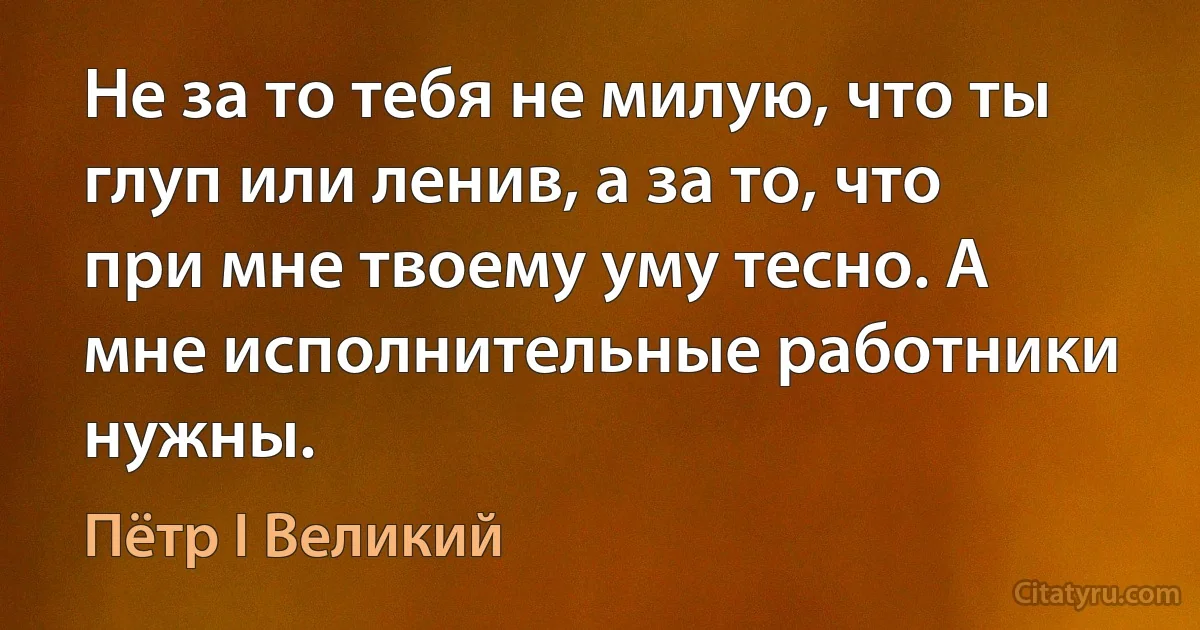 Не за то тебя не милую, что ты глуп или ленив, а за то, что при мне твоему уму тесно. А мне исполнительные работники нужны. (Пётр I Великий)