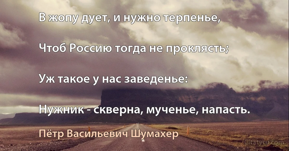 В жопу дует, и нужно терпенье,

Чтоб Россию тогда не проклясть;

Уж такое у нас заведенье:

Нужник - скверна, мученье, напасть. (Пётр Васильевич Шумахер)