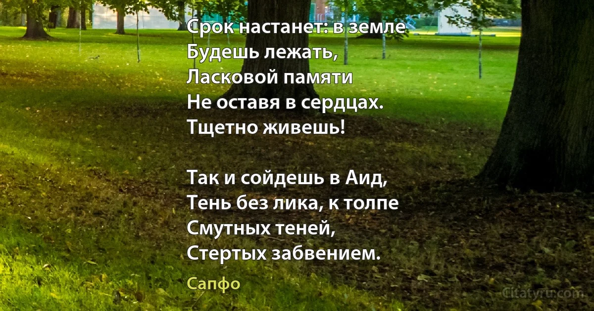 Срок настанет: в земле
Будешь лежать,
Ласковой памяти
Не оставя в сердцах.
Тщетно живешь!

Так и сойдешь в Аид,
Тень без лика, к толпе
Смутных теней,
Стертых забвением. (Сапфо)