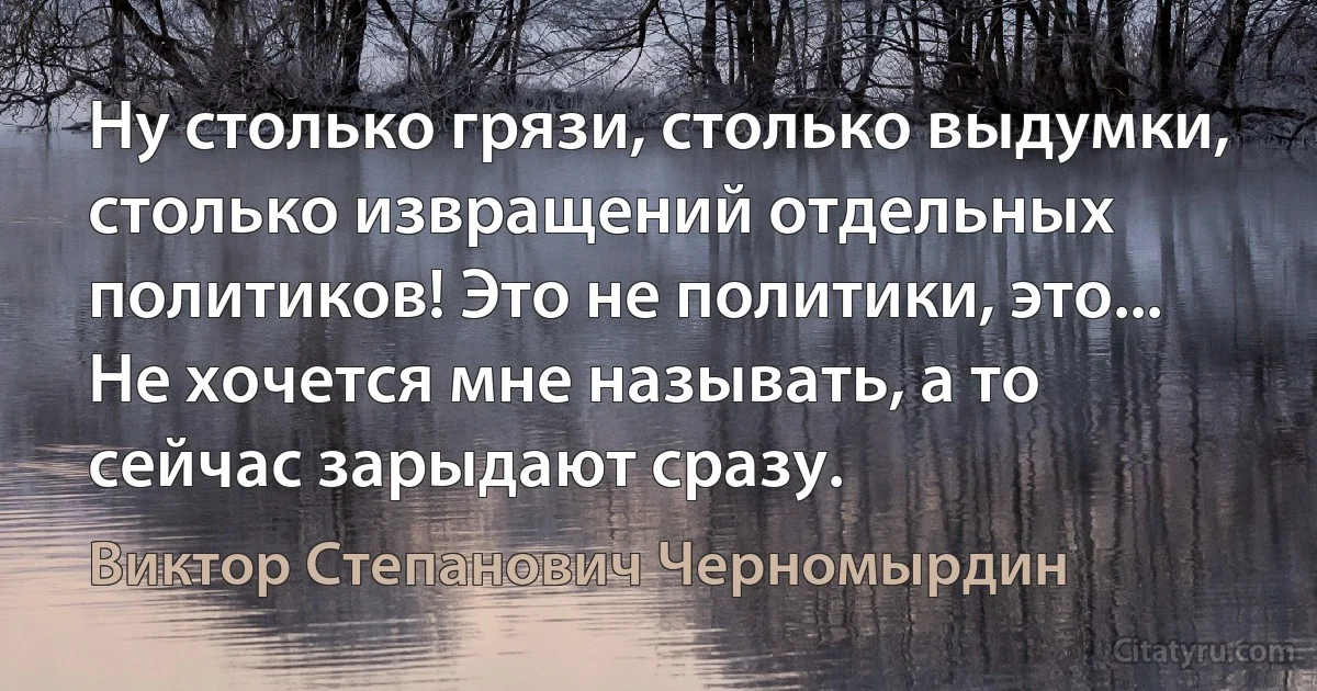 Ну столько грязи, столько выдумки, столько извращений отдельных политиков! Это не политики, это... Не хочется мне называть, а то сейчас зарыдают сразу. (Виктор Степанович Черномырдин)