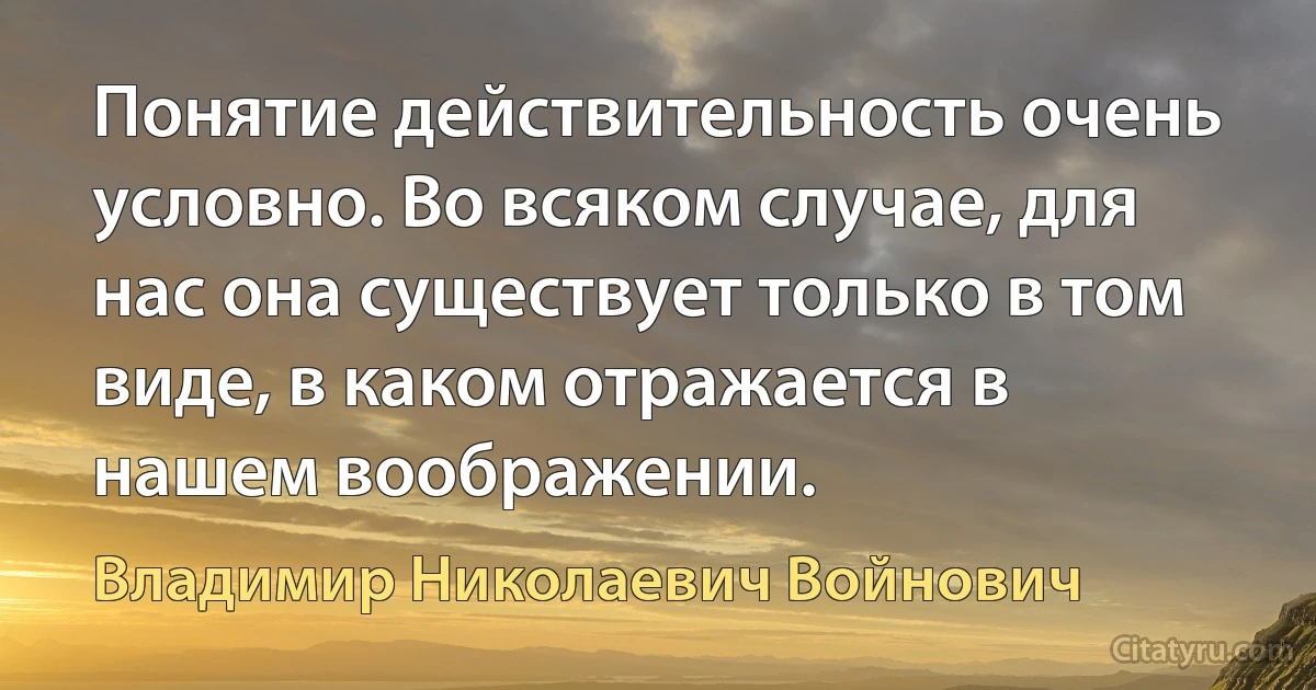 Понятие действительность очень условно. Во всяком случае, для нас она существует только в том виде, в каком отражается в нашем воображении. (Владимир Николаевич Войнович)