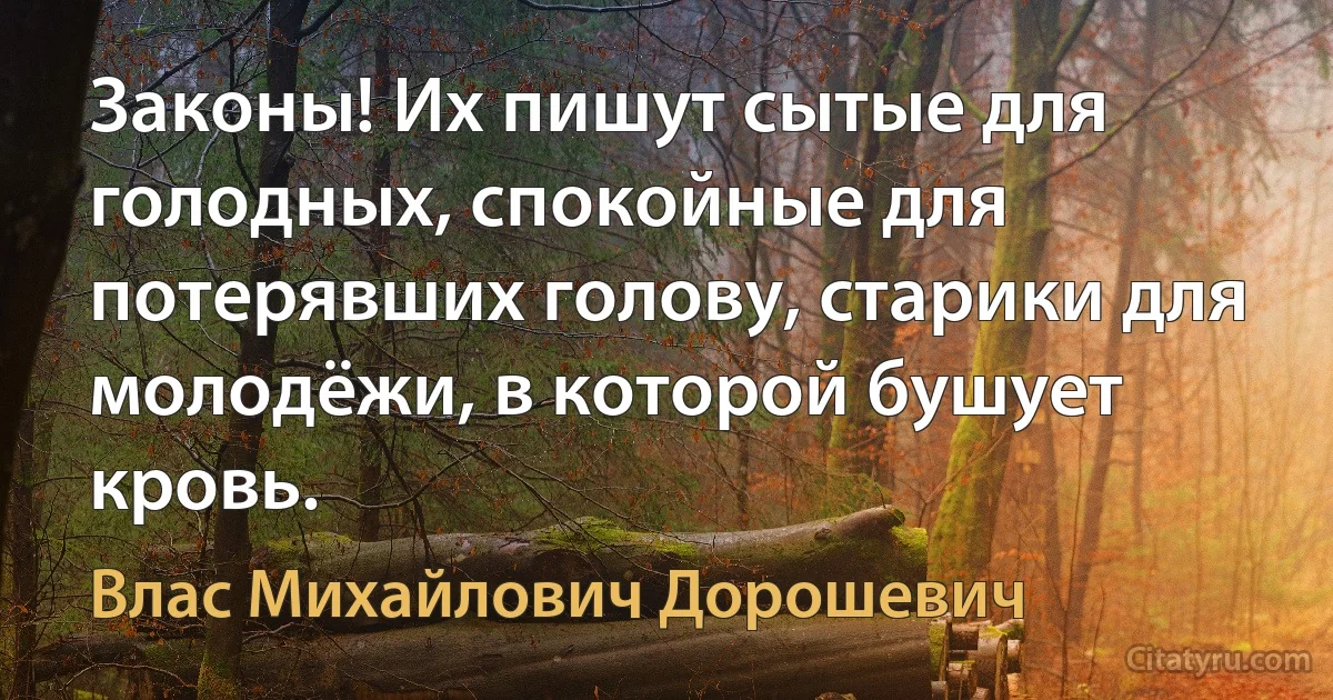 Законы! Их пишут сытые для голодных, спокойные для потерявших голову, старики для молодёжи, в которой бушует кровь. (Влас Михайлович Дорошевич)