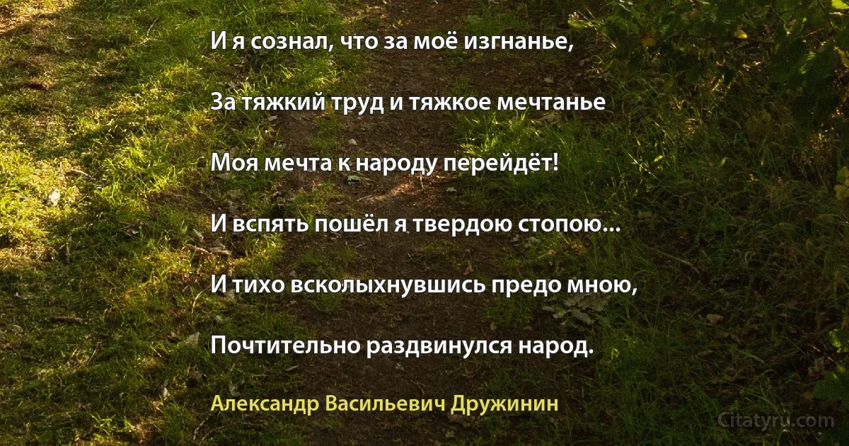 И я сознал, что за моё изгнанье,

За тяжкий труд и тяжкое мечтанье

Моя мечта к народу перейдёт!

И вспять пошёл я твердою стопою...

И тихо всколыхнувшись предо мною,

Почтительно раздвинулся народ. (Александр Васильевич Дружинин)