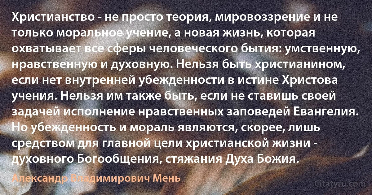 Христианство - не просто теория, мировоззрение и не только моральное учение, а новая жизнь, которая охватывает все сферы человеческого бытия: умственную, нравственную и духовную. Нельзя быть христианином, если нет внутренней убежденности в истине Христова учения. Нельзя им также быть, если не ставишь своей задачей исполнение нравственных заповедей Евангелия. Но убежденность и мораль являются, скорее, лишь средством для главной цели христианской жизни - духовного Богообщения, стяжания Духа Божия. (Александр Владимирович Мень)