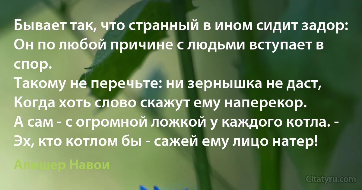 Бывает так, что странный в ином сидит задор:
Он по любой причине с людьми вступает в спор.
Такому не перечьте: ни зернышка не даст,
Когда хоть слово скажут ему наперекор.
А сам - с огромной ложкой у каждого котла. -
Эх, кто котлом бы - сажей ему лицо натер! (Алишер Навои)