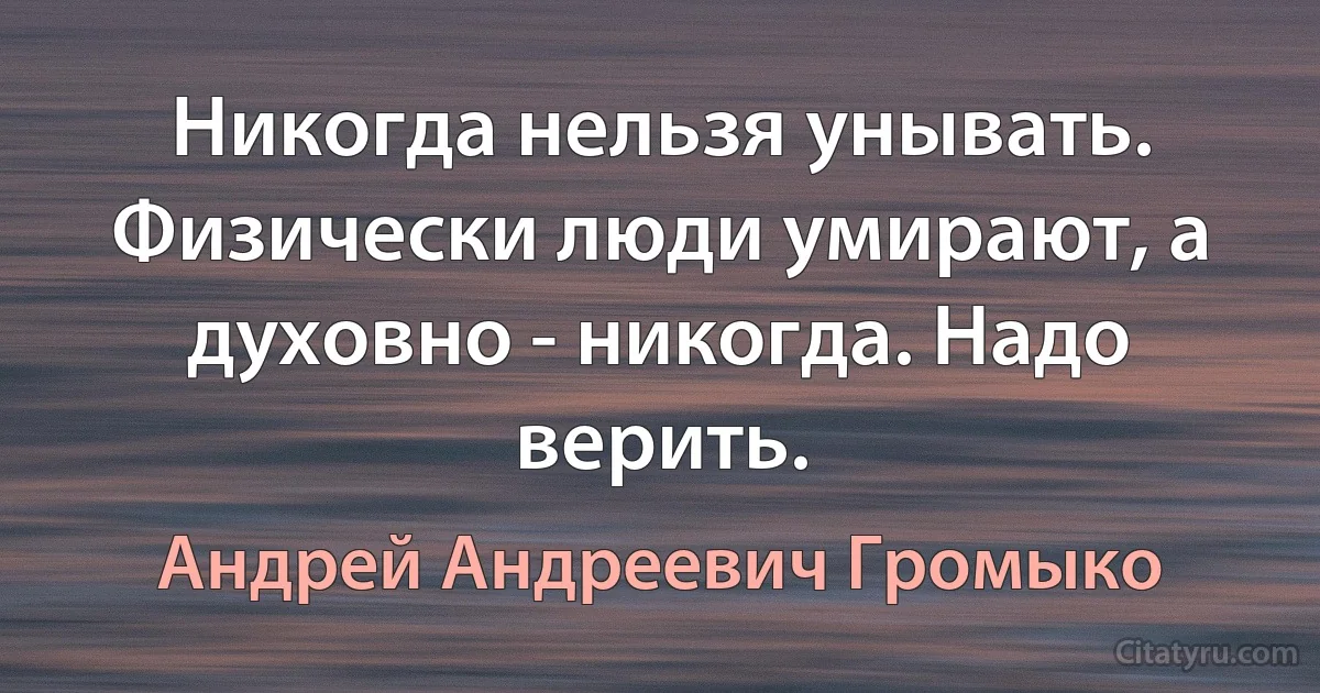 Никогда нельзя унывать. Физически люди умирают, а духовно - никогда. Надо верить. (Андрей Андреевич Громыко)