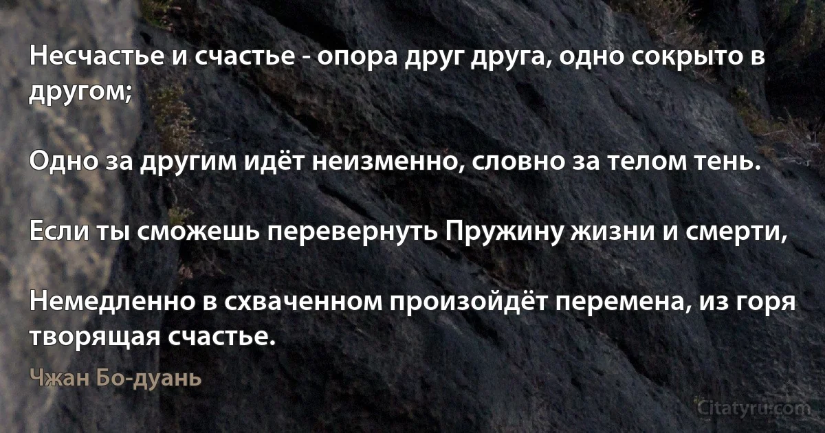 Несчастье и счастье - опора друг друга, одно сокрыто в другом;

Одно за другим идёт неизменно, словно за телом тень.

Если ты сможешь перевернуть Пружину жизни и смерти,

Немедленно в схваченном произойдёт перемена, из горя творящая счастье. (Чжан Бо-дуань)