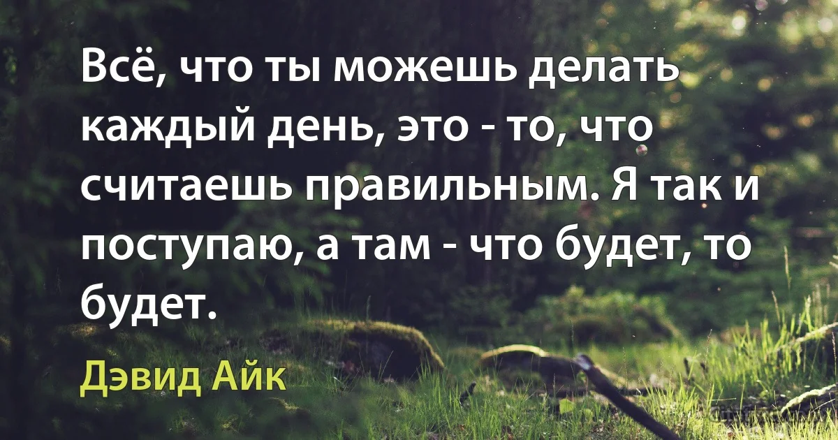 Всё, что ты можешь делать каждый день, это - то, что считаешь правильным. Я так и поступаю, а там - что будет, то будет. (Дэвид Айк)