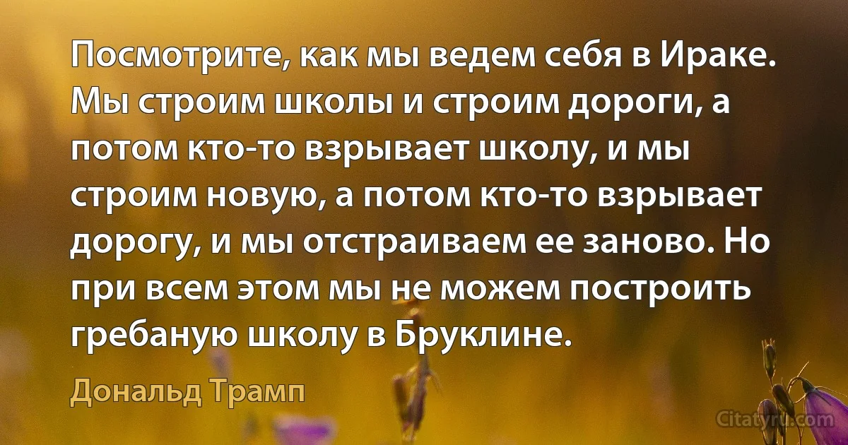 Посмотрите, как мы ведем себя в Ираке. Мы строим школы и строим дороги, а потом кто-то взрывает школу, и мы строим новую, а потом кто-то взрывает дорогу, и мы отстраиваем ее заново. Но при всем этом мы не можем построить гребаную школу в Бруклине. (Дональд Трамп)