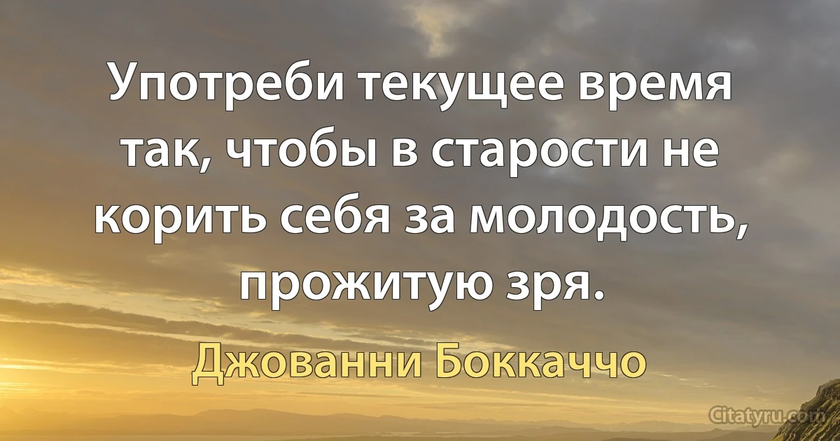 Употреби текущее время так, чтобы в старости не корить себя за молодость, прожитую зря. (Джованни Боккаччо)