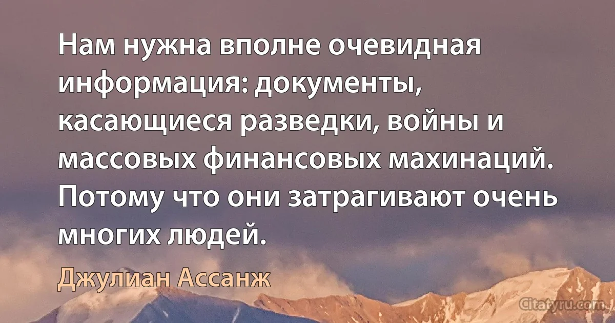 Нам нужна вполне очевидная информация: документы, касающиеся разведки, войны и массовых финансовых махинаций. Потому что они затрагивают очень многих людей. (Джулиан Ассанж)