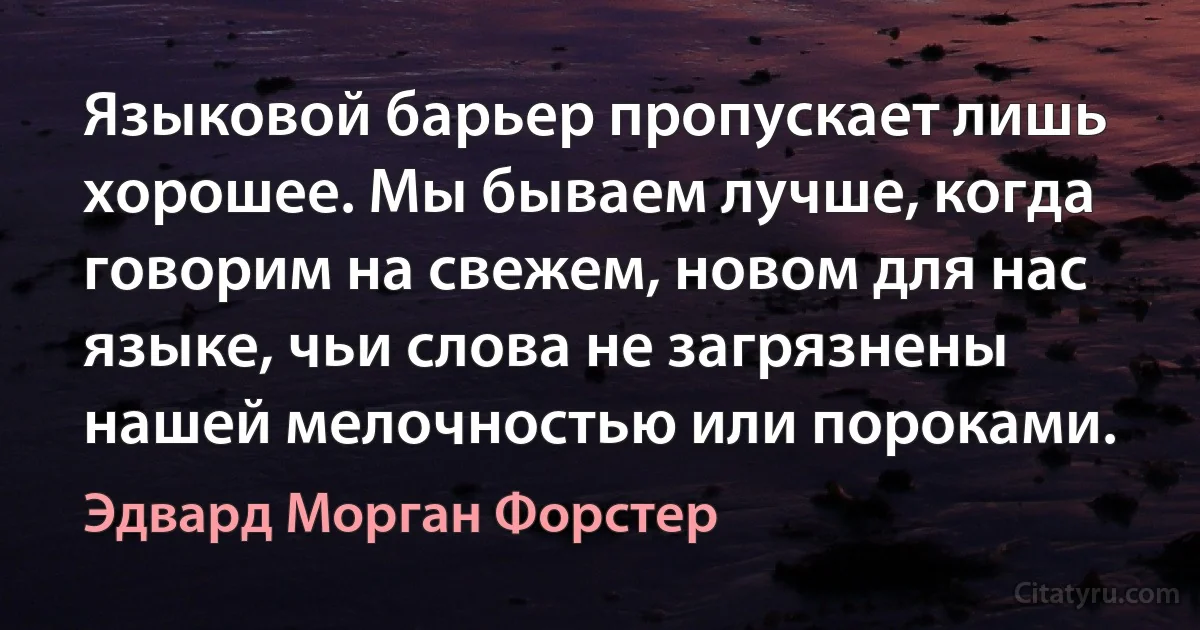 Языковой барьер пропускает лишь хорошее. Мы бываем лучше, когда говорим на свежем, новом для нас языке, чьи слова не загрязнены нашей мелочностью или пороками. (Эдвард Морган Форстер)