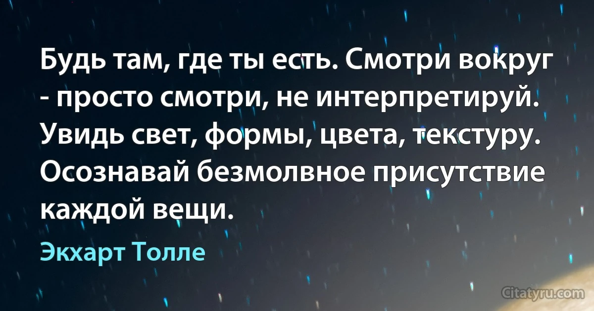 Будь там, где ты есть. Смотри вокруг - просто смотри, не интерпретируй. Увидь свет, формы, цвета, текстуру. Осознавай безмолвное присутствие каждой вещи. (Экхарт Толле)