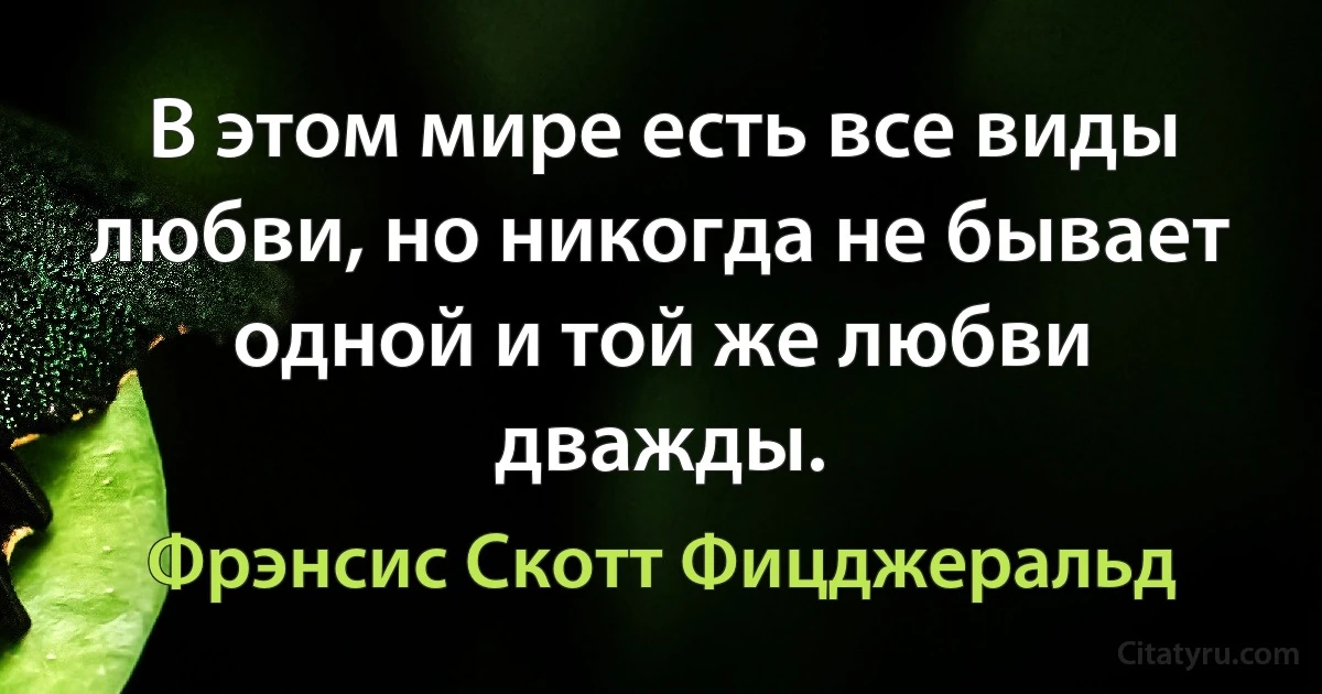 В этом мире есть все виды любви, но никогда не бывает одной и той же любви дважды. (Фрэнсис Скотт Фицджеральд)