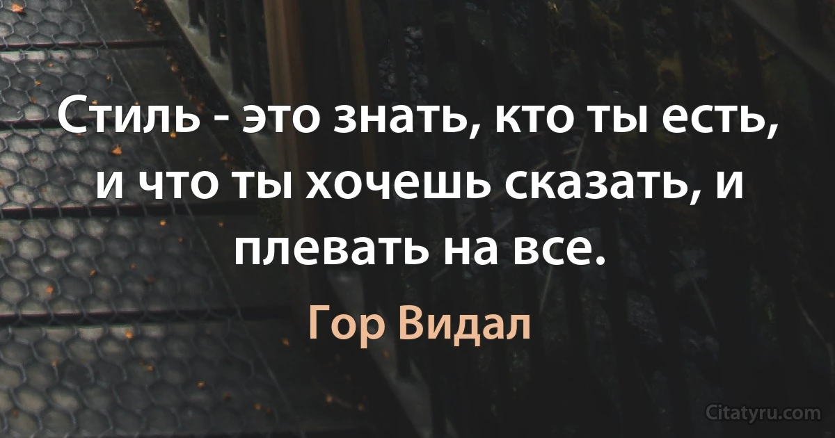 Стиль - это знать, кто ты есть, и что ты хочешь сказать, и плевать на все. (Гор Видал)