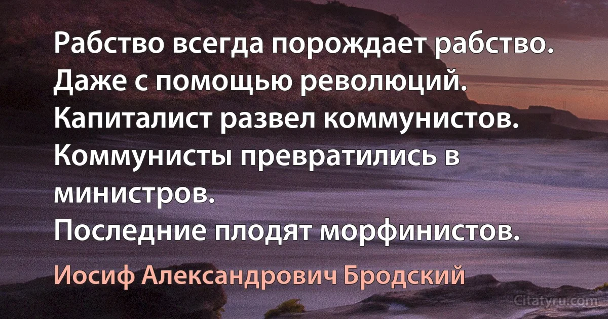 Рабство всегда порождает рабство.
Даже с помощью революций.
Капиталист развел коммунистов.
Коммунисты превратились в министров.
Последние плодят морфинистов. (Иосиф Александрович Бродский)