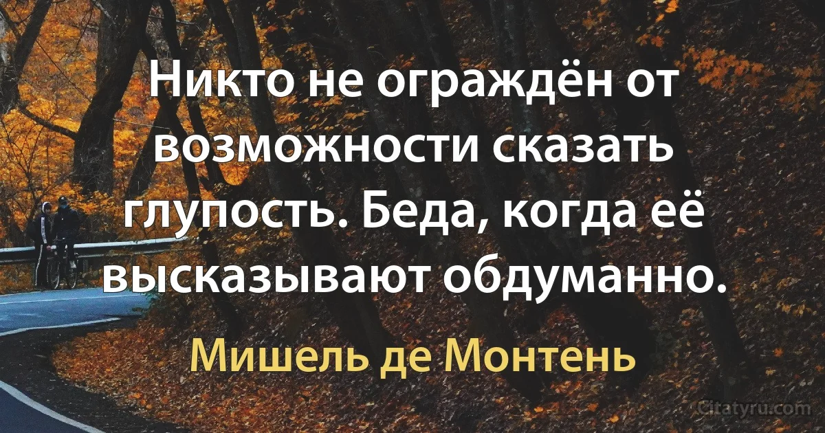 Никто не ограждён от возможности сказать глупость. Беда, когда её высказывают обдуманно. (Мишель де Монтень)