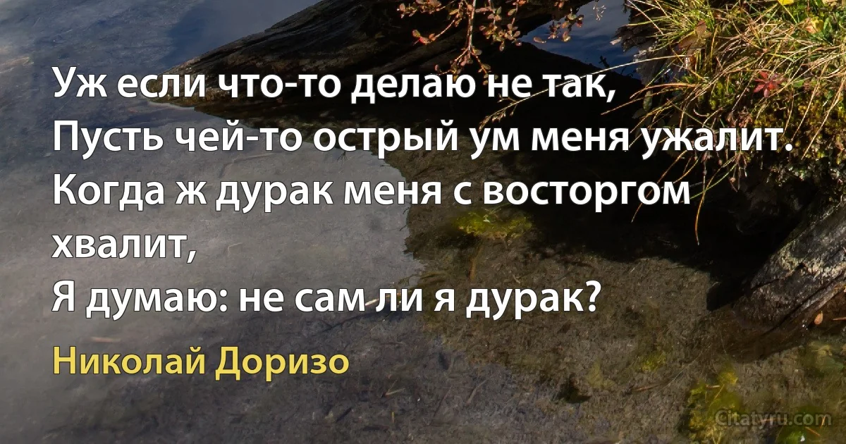 Уж если что-то делаю не так,
Пусть чей-то острый ум меня ужалит.
Когда ж дурак меня с восторгом хвалит,
Я думаю: не сам ли я дурак? (Николай Доризо)