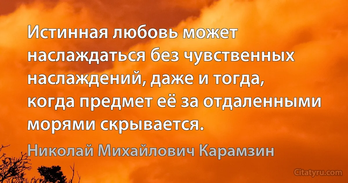 Истинная любовь может наслаждаться без чувственных наслаждений, даже и тогда, когда предмет её за отдаленными морями скрывается. (Николай Михайлович Карамзин)