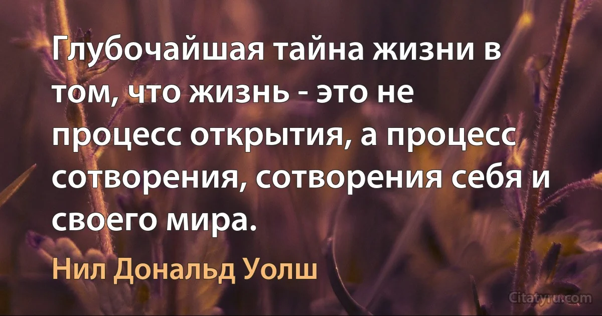 Глубочайшая тайна жизни в том, что жизнь - это не процесс открытия, а процесс сотворения, сотворения себя и своего мира. (Нил Дональд Уолш)