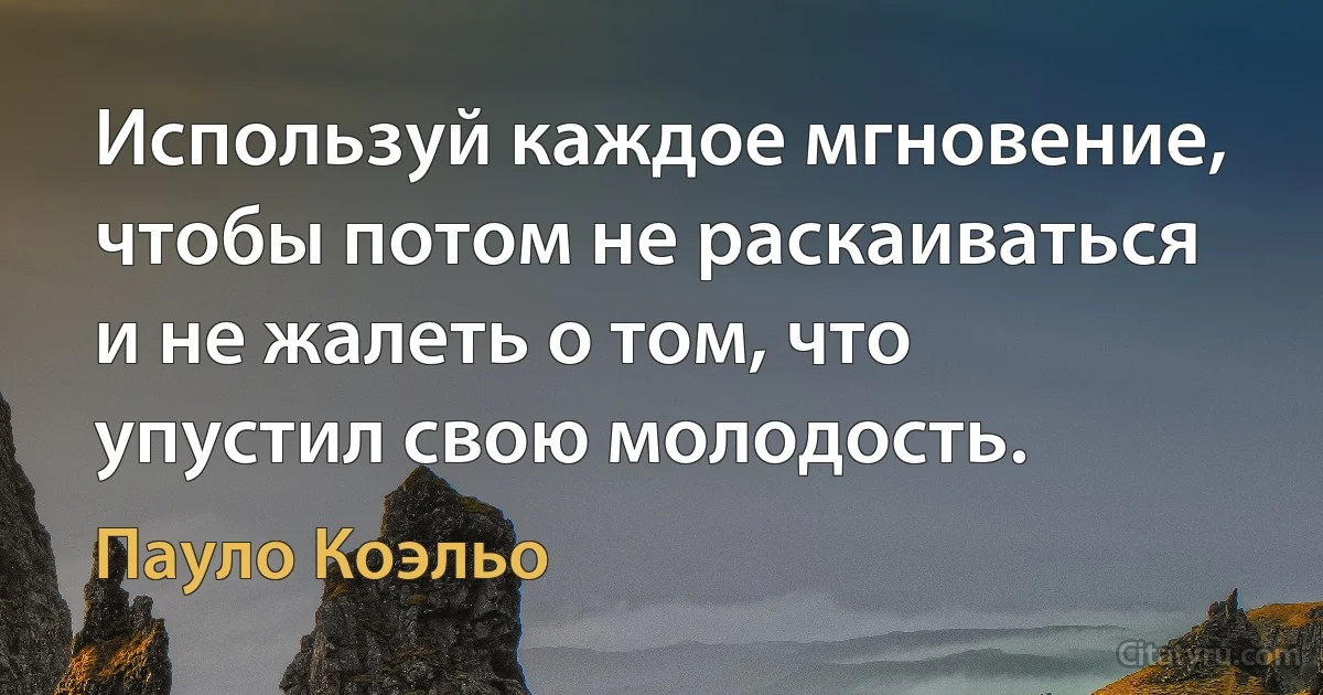 Используй каждое мгновение, чтобы потом не раскаиваться и не жалеть о том, что упустил свою молодость. (Пауло Коэльо)