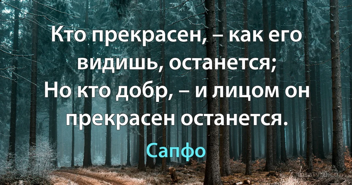 Кто прекрасен, – как его видишь, останется;
Но кто добр, – и лицом он прекрасен останется. (Сапфо)