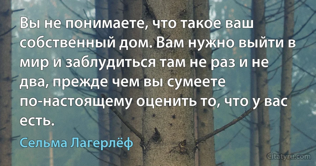 Вы не понимаете, что такое ваш собственный дом. Вам нужно выйти в мир и заблудиться там не раз и не два, прежде чем вы сумеете по-настоящему оценить то, что у вас есть. (Сельма Лагерлёф)